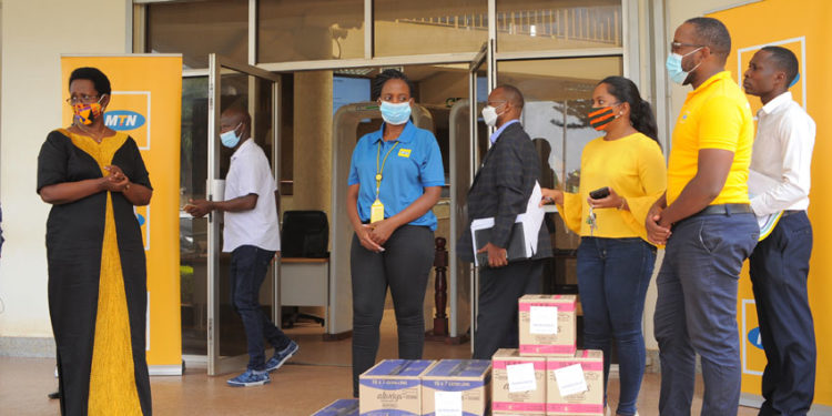 Dr Diana Atwiine, Ministry of health and MTN officials during the handover ceremony at the Ministry of Health Headquarters