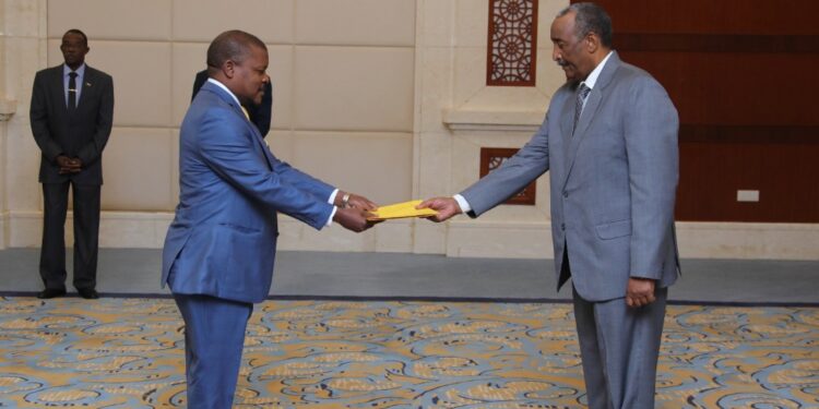 Ambassador Ssemuddu presents credentials to Gen. Abdel Fattah Al Burhan, President of the Transitional Sovereignty Council of the Republic of Sudan.