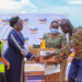 Mariam Nampeera Mbowa (2R), Deputy General Manager, TotalEnergies EP Uganda and guest of honour Buliisa launch while officiating at the handover of Start-up Kits to Project Affected Persons (PAPs)