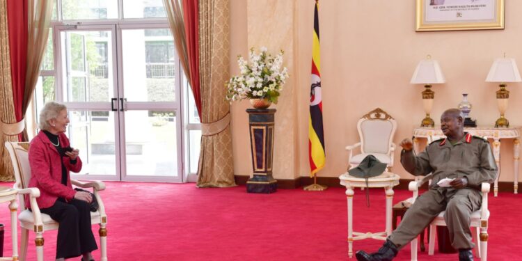 President Museveni meeting former President of Ireland Mary Robinson at State House Entebbe on Wednesday. PPU Photo