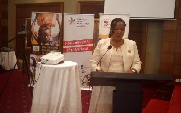 Minister of State for Youth and Children Affairs Sarah Mateke addressing participants at the World Day against Child Labour Conference at Sheraton Hotel, Kampala on Monday