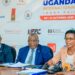 Macklean Kukundakwe (R), Head of Marketing at Uganda Baati, speaks at the media briefing for the 29th Uganda International Trade Fair 2023