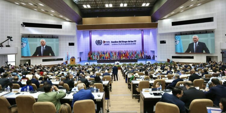 Cuban President Miguel Díaz-Canel, the host and president of the G77+ group, addresses the summit in September 2023