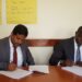 Ediga Udai Kanth - Africa head for Dataset Solutions and Sisto Ocanda Ondama, CEO Paramount Cities, USA signing the contract with Jinja City in 2020.