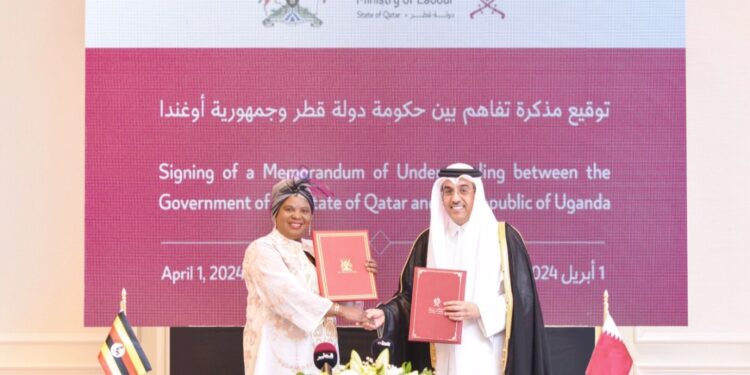 Minister of Labour, Gender & Social Development Hon. Betty Amongi & Dr. Ali Bin Smaikh Al Marri, the Qatari Labour Minister, during the event.