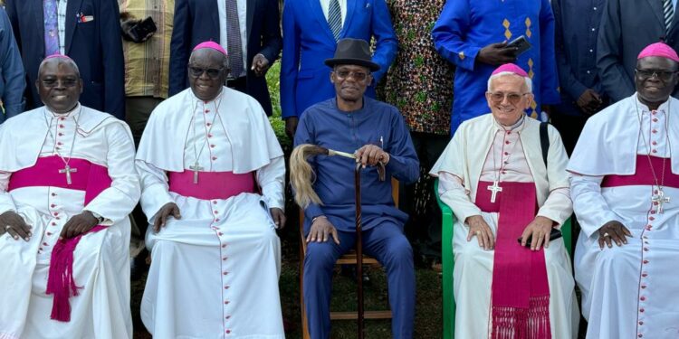 Archbishop John Baptist Odama of Gulu ,retired Lira Bishop  Gisueppe Franzelli,Bishop Sabino Ocan Odoki of Arua pose for a group photo with a delegation of clan chiefs from Lango led by the Lango Paramount Chief-elect Eng Dr Michael Moses Odongo Okune.