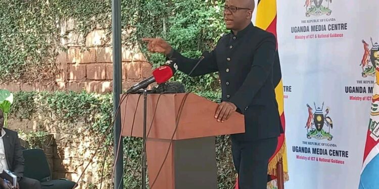 Dr. Akankwasa Barirega addressing Journalists at the Uganda Media Centre on Monday