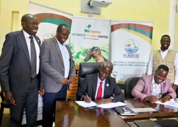 NARO Director General Dr. Yona Baguma (seated on left) and MeFarms' Managing Director Mr. Kule Brian signing the MoU in Entebbe in Tuesday