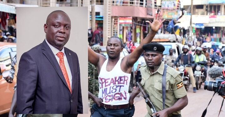 Police arresting one of the protesters,  Hajji Faruk Kirunda (inset)