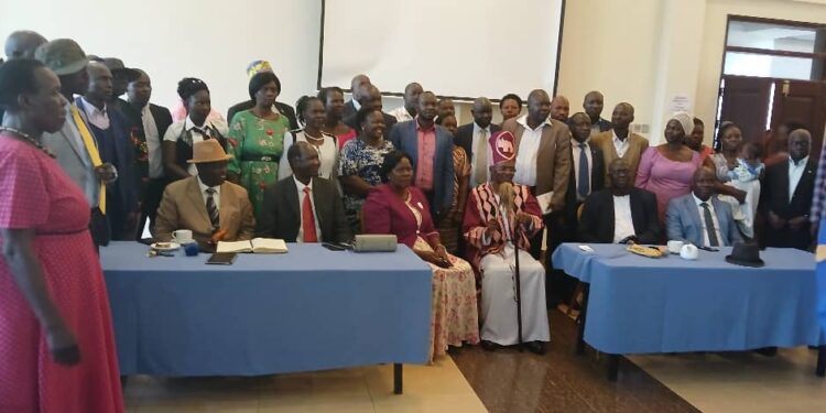 The Paramount Chief-elect Eng Dr Michael Moses Odongo Okune posed for a group photograph with a section of Lango Community after a breakfast meeting at Mbale Court View 3rd August 2024.