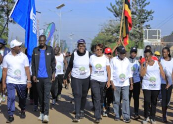 Joshua Cheptegei (front, second from the left), Lilly Ajarova (third from the right) & Hon. Tom Butime ( second from the right), during the Elgon Half Marathon 2024. Photo: Marvin Mugerwa