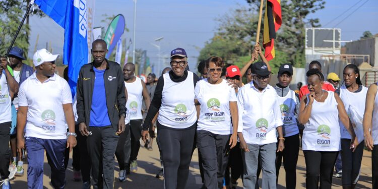 Joshua Cheptegei (front, second from the left), Lilly Ajarova (third from the right) & Hon. Tom Butime ( second from the right), during the Elgon Half Marathon 2024. Photo: Marvin Mugerwa