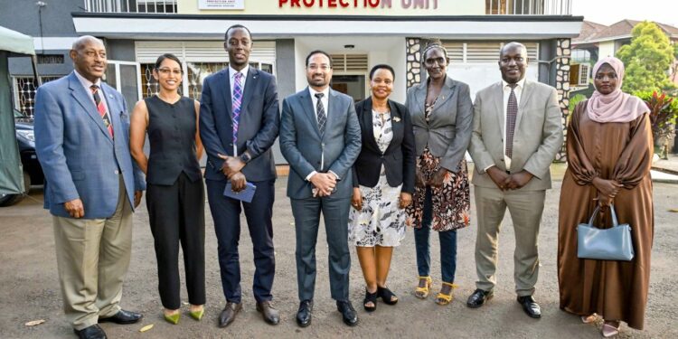 (Left- right) Ruhindi and Company Advocates Hon. Ruhindi Fredrick, Private Secretary to H.E. the President/Investment Matters Hiromi Abe, IT Services Advisor at National Information Technology Authority-Uganda Joshua Akandwanaho, Yako Bank Director Rajhish Jain, State House Investors Protection Unit Head Edith Nakalema, Yako Bank ICT Centre Grace Achire, Exquisite Solution Ltd General Manager Steven Aine Kwesige and Link Wave Communication Ltd Namutaawe Alaisha in a group photo after a meeting on Business Process Outsourcing Strategies to fight Un-employment among the youth at the State House Investors Protection Unit offices in Kampala on the 14th January 2025. Photo by PPU