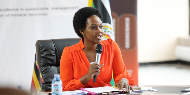 State Minister for Energy & Mineral Development Phionah Nyamutoro delivers her remarks, during the inauguration of the first Board of Directors of Uganda National Mining Company