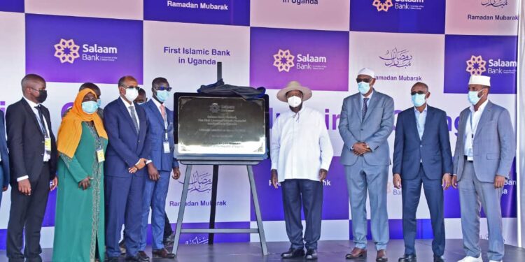 President Museveni, during the launch of Salaam Bank Ltd, at Kololo on March 27, 2024, with the bank's top officials, including Chairman Mr. Ibrahim Abdirahman and Managing Director Mr. Michael Mande.