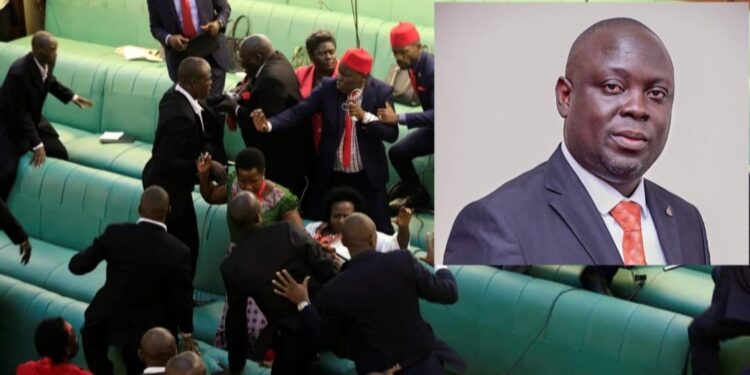 MPs in physical altercation and inset is  Haji Faruk Kirunda