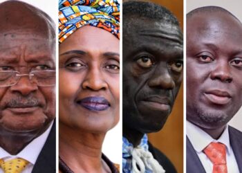 L-R: President Museveni, Eng. Byanyima, Dr. Besigye and Haji Faruk Kirunda