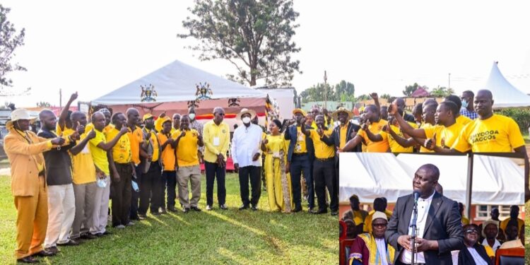 President Museveni in a group photo with the leadership of boda boda riders in Busoga and Haji Faruk Kirunda (inset)